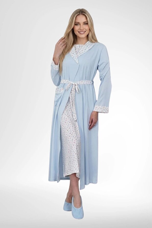 Women's Large Size Floral Patterned Short Sleeve Dressing Gown Nightgown 2-Piece Set %100 Cotton