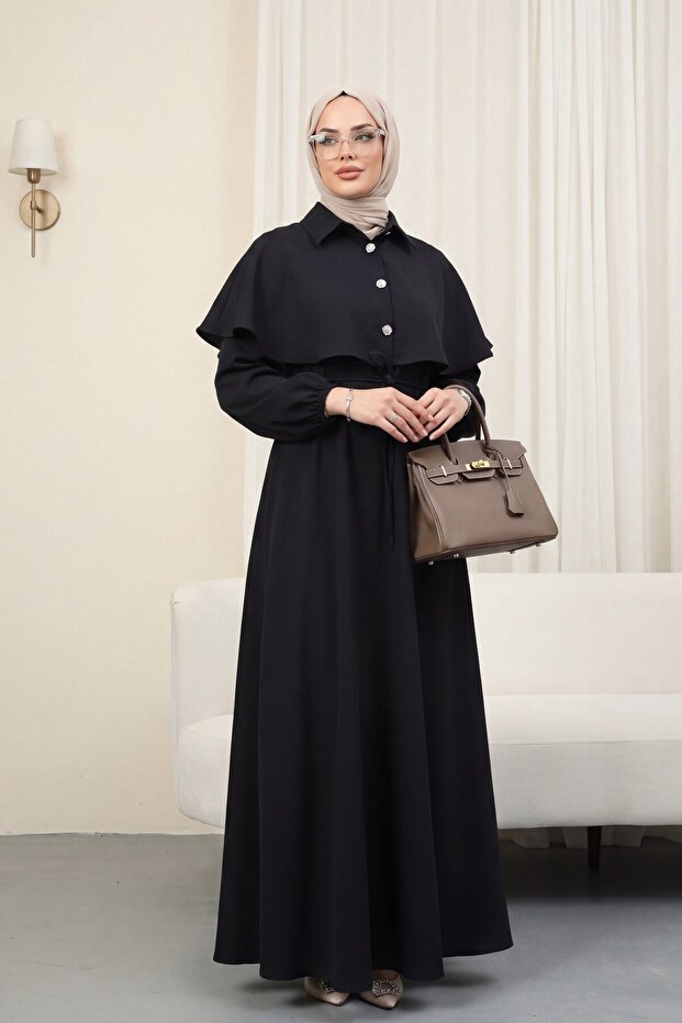 Collared Cape Detailed Belted Elastic Sleeves Crepe Dress Black