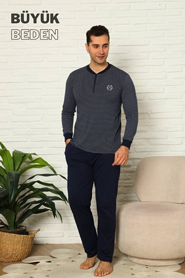Big Size Men's Pajama Set - Navy Blue Long Sleeve Combed Cotton 1219Uyb