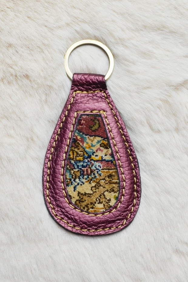 Handmade Burgundy Color Keychain from Antique Silk Carpet