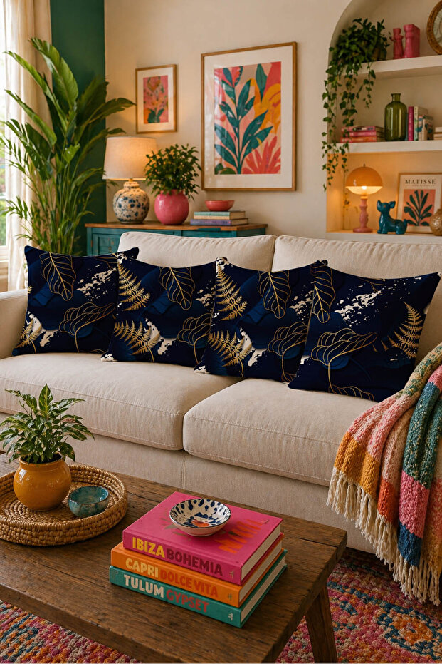 Leaf Throw Pillow Cover Set of 4 Tribal Navy Blue Decorative Pillows