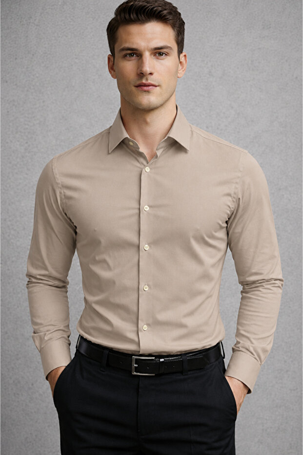 Slim Fit Long Sleeve Easy Ironing Sweat Absorbing Breathable Texture Tie Four Seasons Men's Shirt