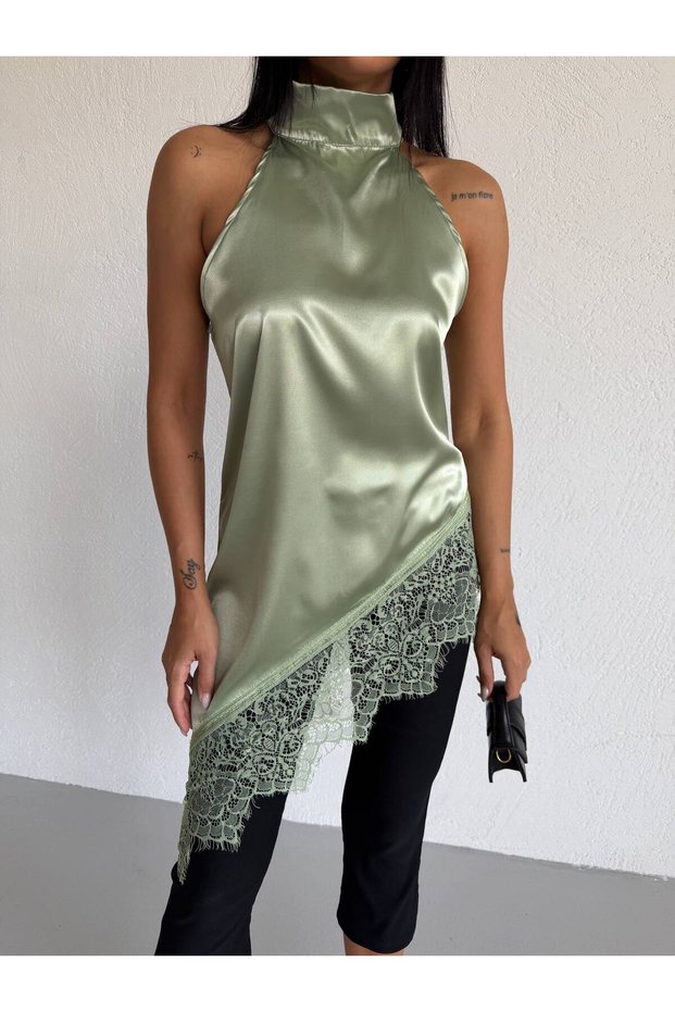 Women's Cagla Halter Neck Satin Blouse with Lace at the Bottom