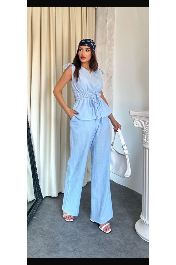 Linen Lace-Up Detailed Sleeveless Top and Bottom Set Mazelf