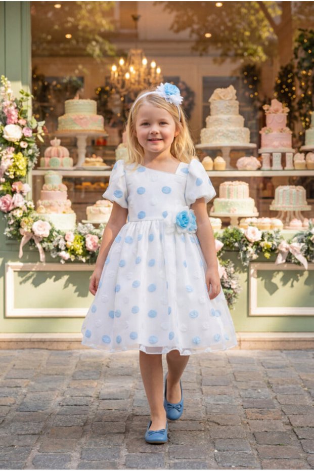 Polka Dot Watermelon Sleeve Flower Detailed Evening Dress Girl's Party and Birthday Dress 3-4-5-6-7 Years Old 35430Pr