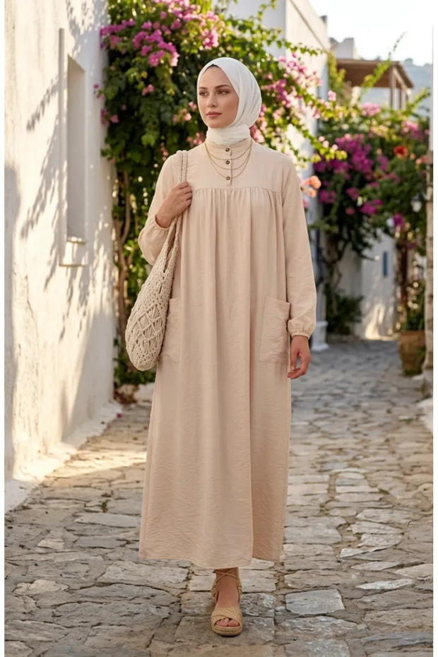 Aerobin Fabric Relaxed Fit Dress with Pockets 0278-03 Beige