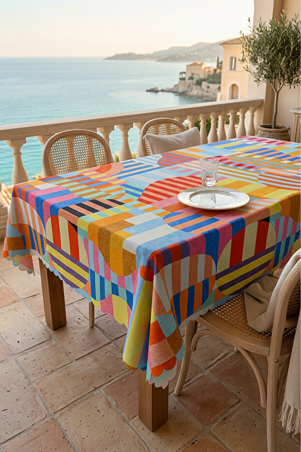 Modern Colorful Striped Tablecloth Stain-Resistant Stylish Design for Garden Balcony