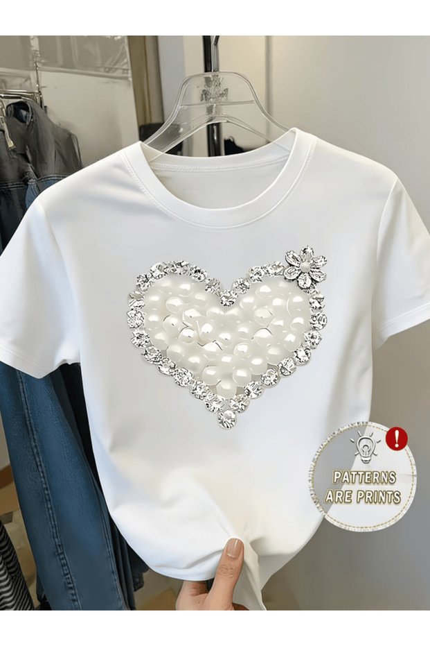 Floral Pattern Pearl Detail Large Love Heart Printed Premium Oversize T-Shirt