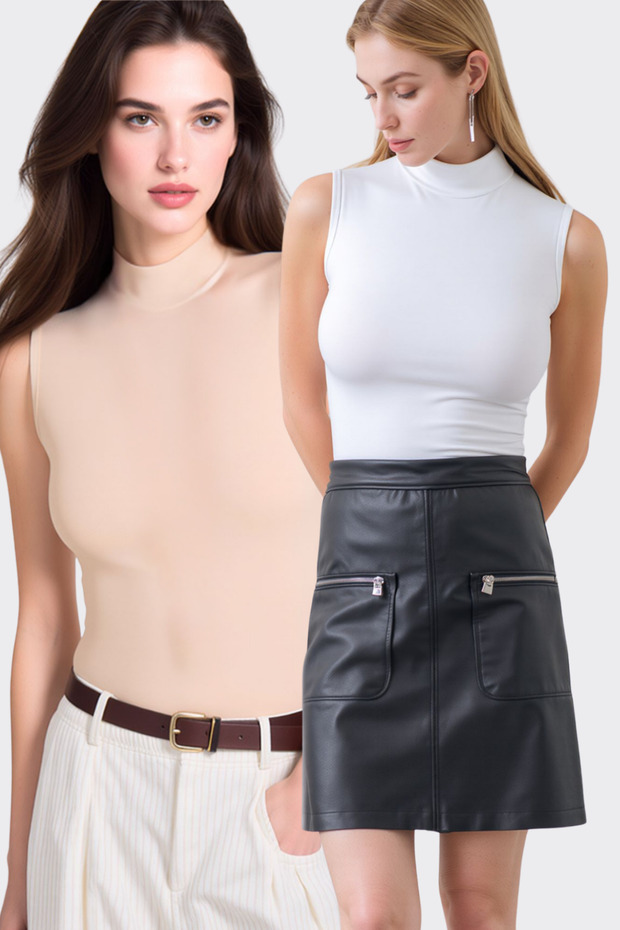 Women's Half Turtleneck Zero Sleeve 2-Piece Basic Body Undershirt - 95% Cotton Soft & Breathable Fabric