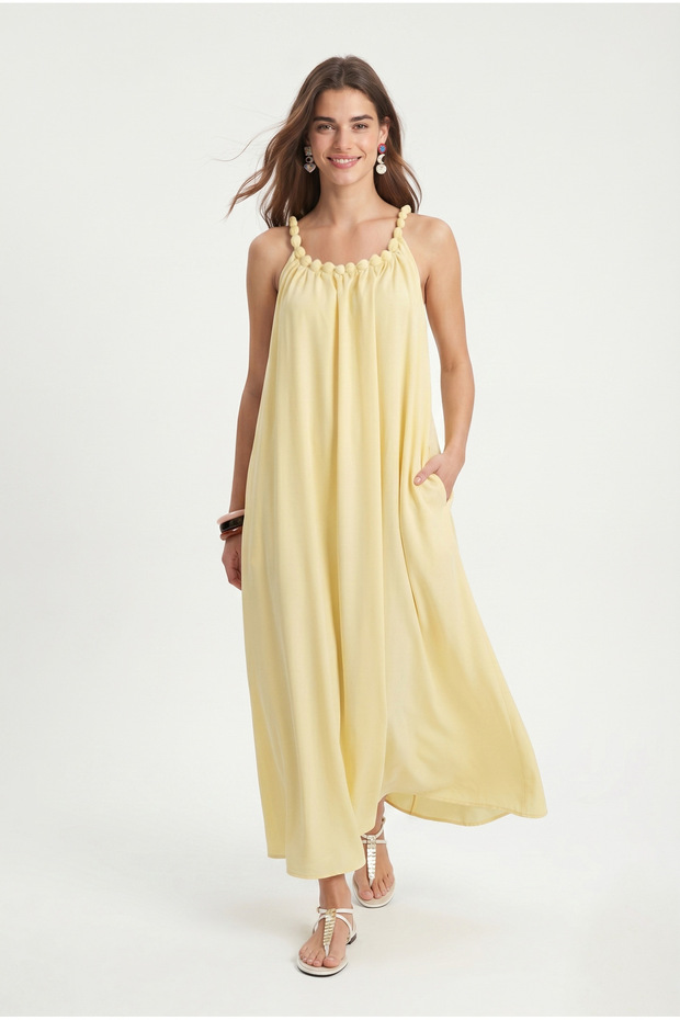 Women's Deep Lined Beaded Halter Neck Pocketed Long Woven Yellow Dress