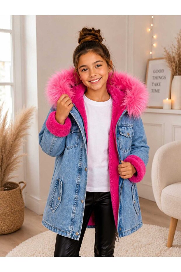 Girl's Hooded Plush Fur Denim Coat