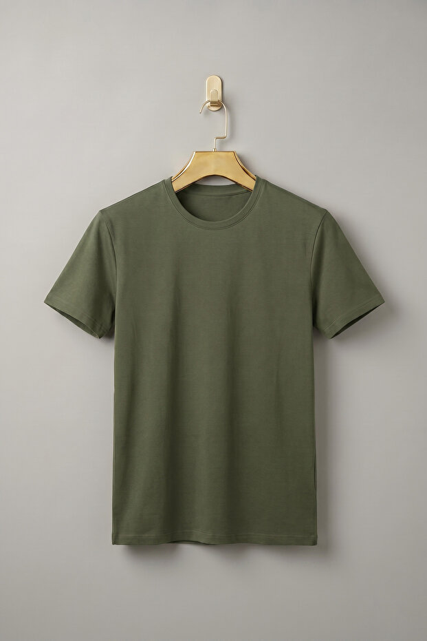 Men's Khaki Green Crew Neck Short Sleeve Basic Comfort T-Shirt