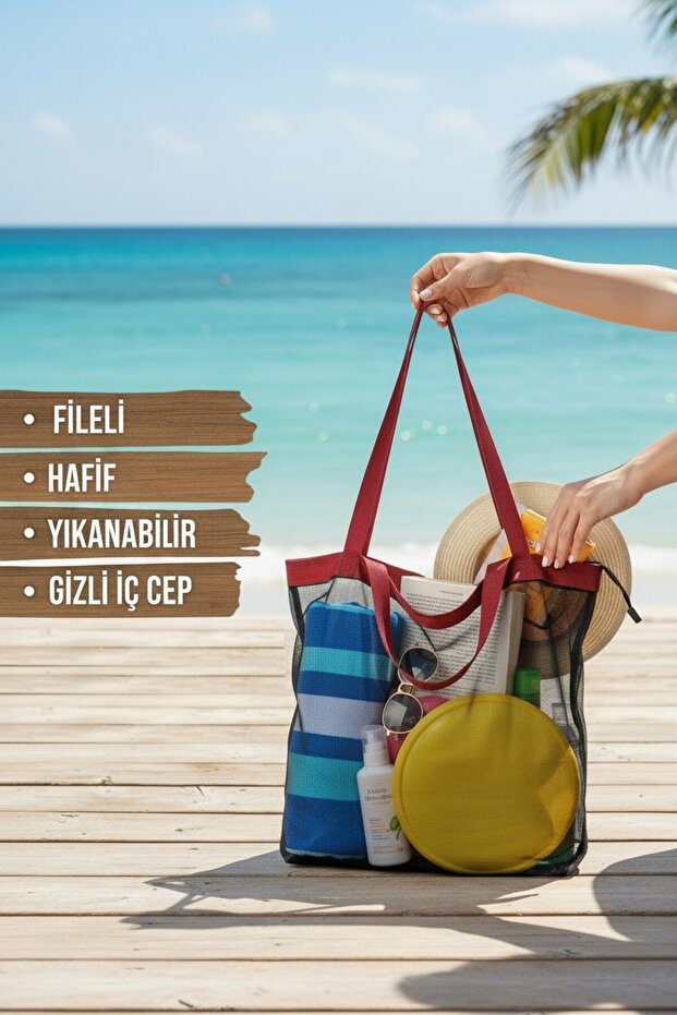 Mesh Beach Bag Black | Waterproof Phone Pocket | Lightweight, Washable, Quick-Drying Summer Bag | Design Suitable for Picnic, Sports, and Daily Use | 50X45X12 cm Bag Dimensions (Excluding Handle)