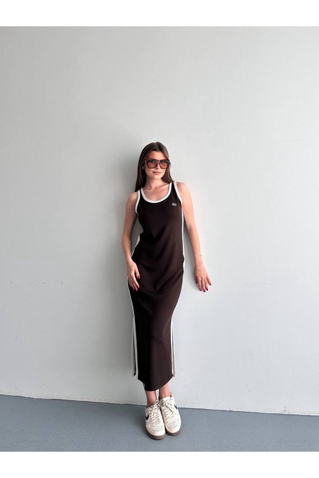Lcs Modal Fabric Brown Dress with Striped Sides and Slits