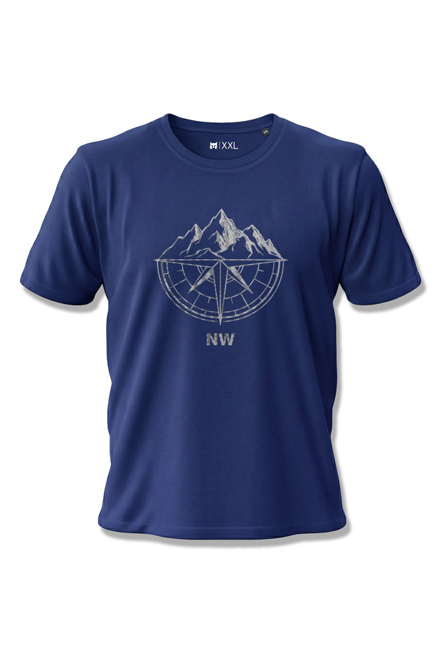 Nw Silver Carbon Fiber Printed Outdoor Navy Blue Unisex 100% Cotton T-Shirt with Mountain and Compass Figures