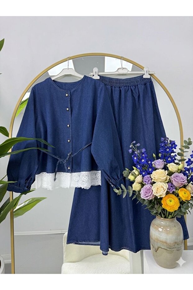 Denim Lace Detailed Skirt Suit