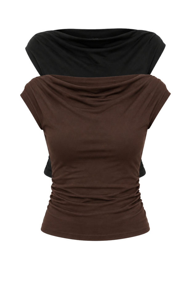 Women's Black Coffee Degaje Collar Side Gathered Detailed Lycra Double Blouse 6157 60286227