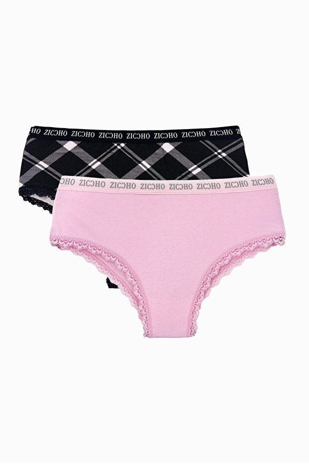 Women's Pink Plaid Patterned Cotton 2-Piece Hipster Panties Set with Lace