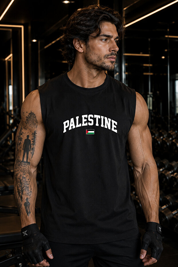 Black Palestine Printed Crew Neck Sports Athlete's Undershirt Premium Thick Cotton Single Jersey Fabric Men's