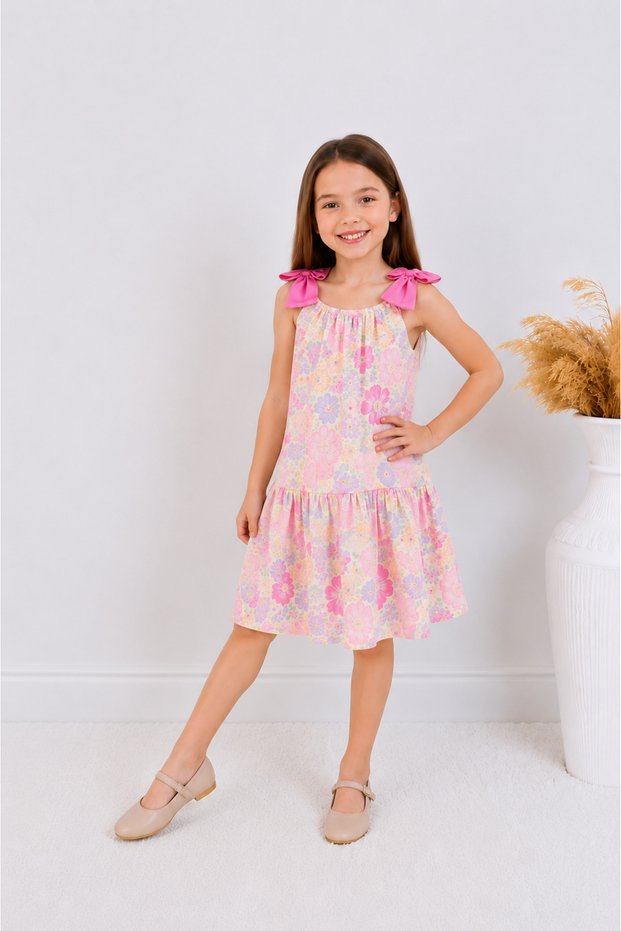 Girl's Floral Patterned Strap Dress Powder Pink Bow Detailed Lined Summer Dress
