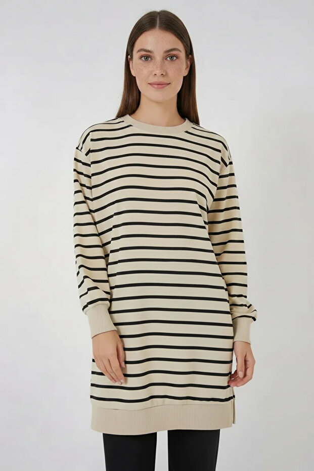 Women's Crew Neck Striped Viscose Black Hijab Tunic