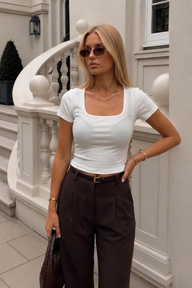 Women's White Square/U Neck Ribbed Short Sleeve Crop Blouse