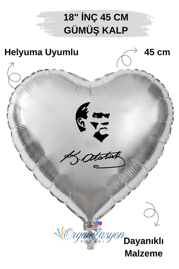 18 Inch Silver Heart Foil Balloon | Ataturk Printed | Ataturk's Signature | Helium Compatible