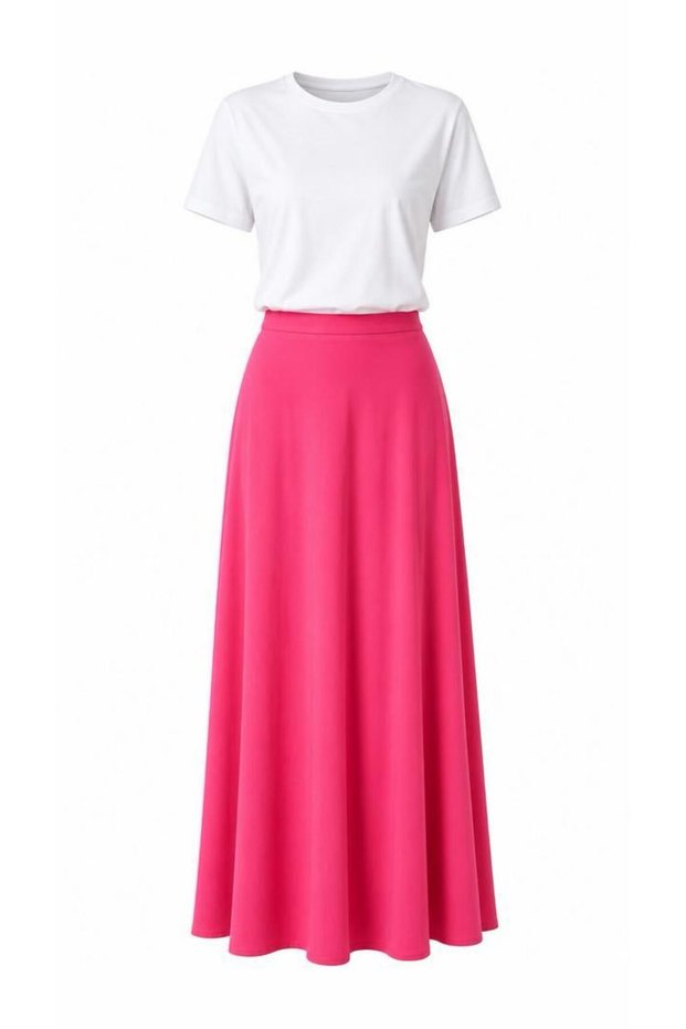 Women's High Waist Plain Pink Lined Long Viscose Skirt