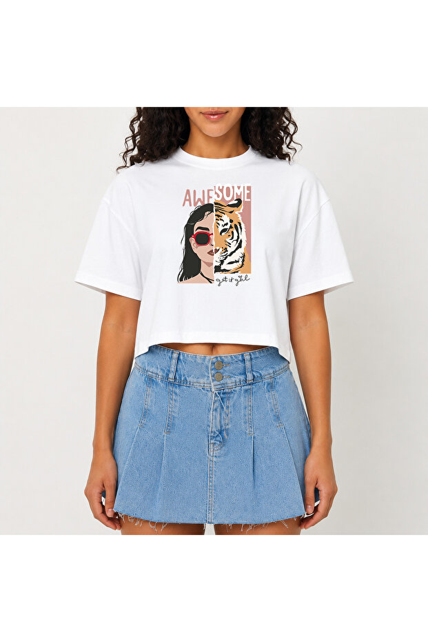 Crop T-Shirt White Awesome Leopard Printed Relaxed Fit Raw Cut Basic Short Tshirt