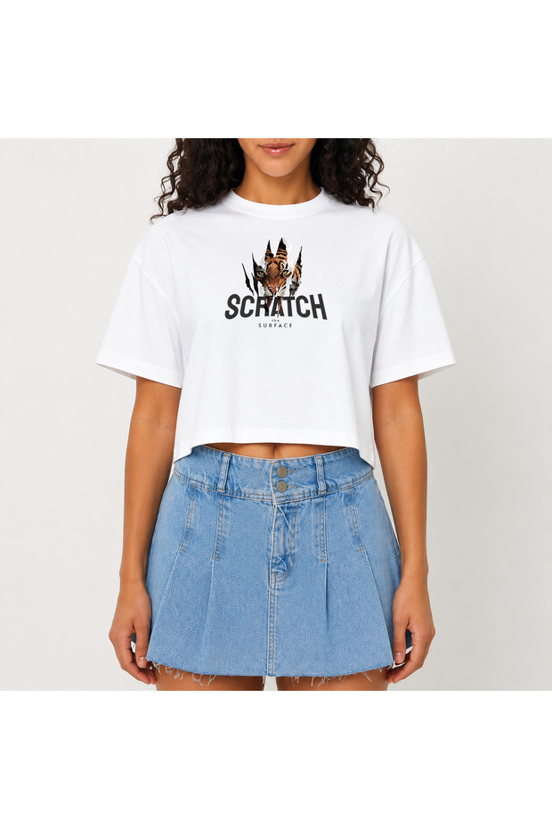 Crop T-Shirt White Printed Relaxed Fit Raw Cut Basic Short Tshirt