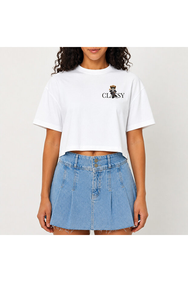 Crop T-Shirt White Printed Relaxed Fit Raw Cut Basic Short Tshirt