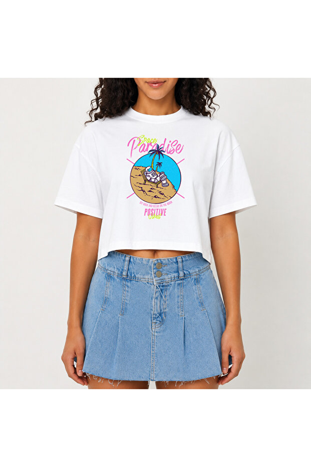 Crop T-Shirt White Printed Relaxed Fit Raw Cut Basic Short Tshirt