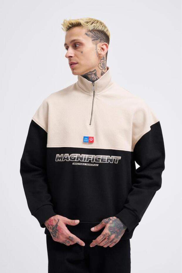 Men's Yoke Detail Sweatshirt Black-Light Beige