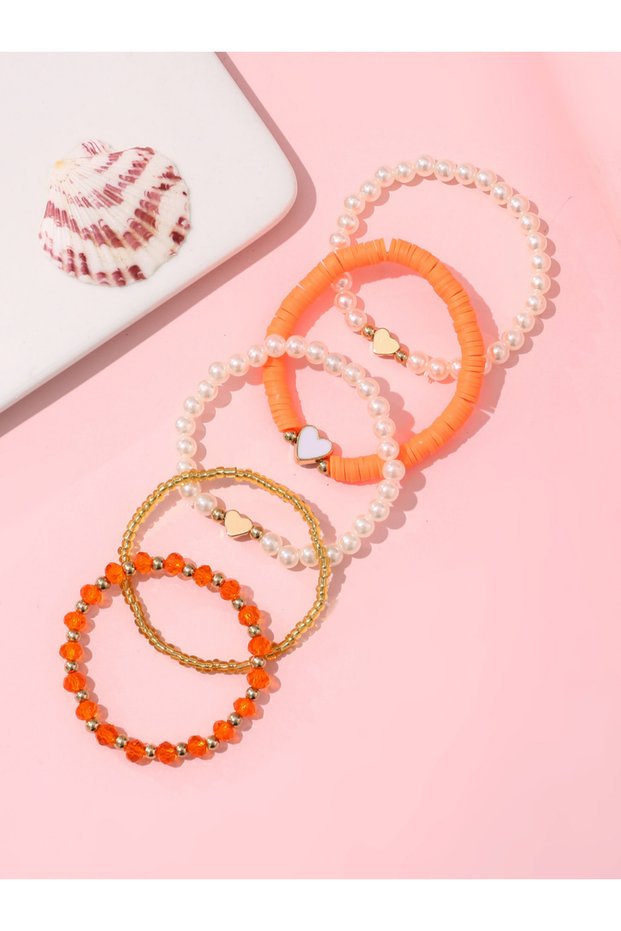 Pack of 5 - Beaded Bracelet with Heart Charms