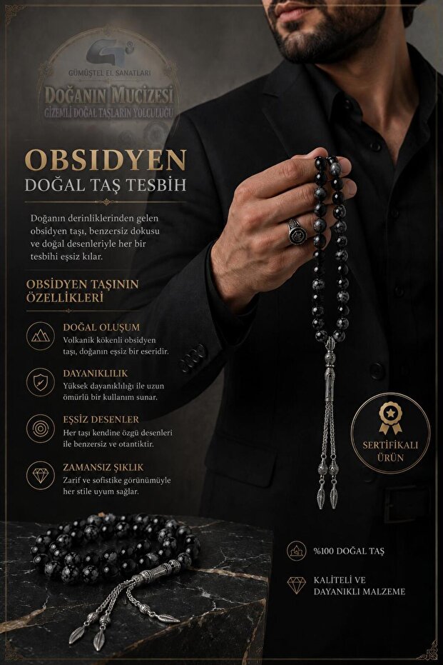 Certified Obsidian Natural Stone Prayer Beads