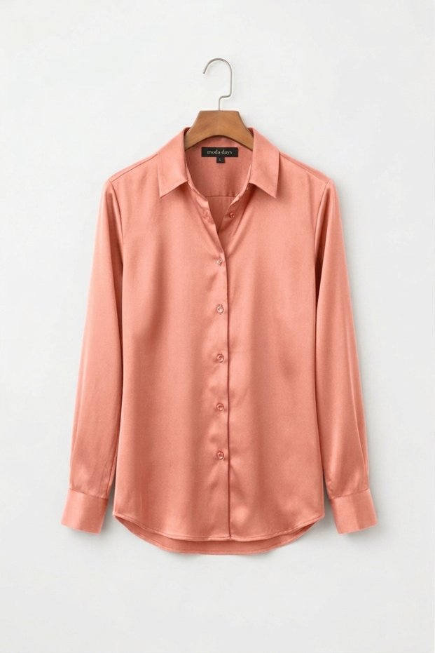 Women's Dusty Rose Satin Shirt Long Sleeve Stylish Classic Office Daily Shiny Fabric Button up Blouse