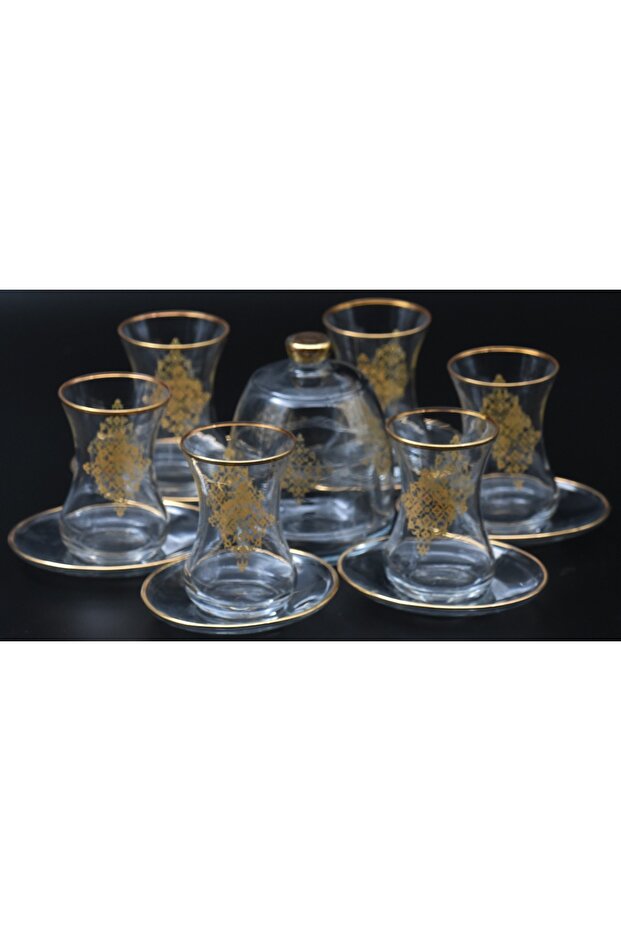 Başaks1 Antique Pattern Golded Tea Set 13 Piece Sugar Bowl with Gold Detail