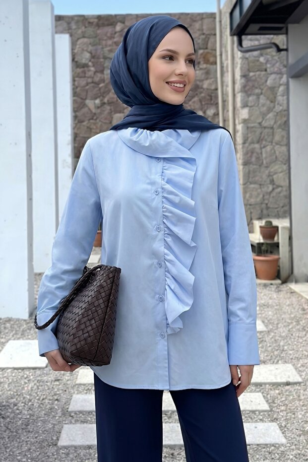 Baby Blue Shirt with Ruffles on the Front and Collar