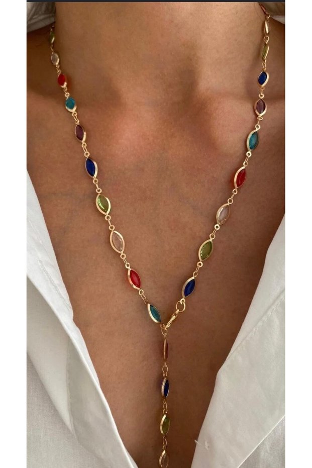 Colorful Stone Detailed Long Chain Gold Steel Necklace