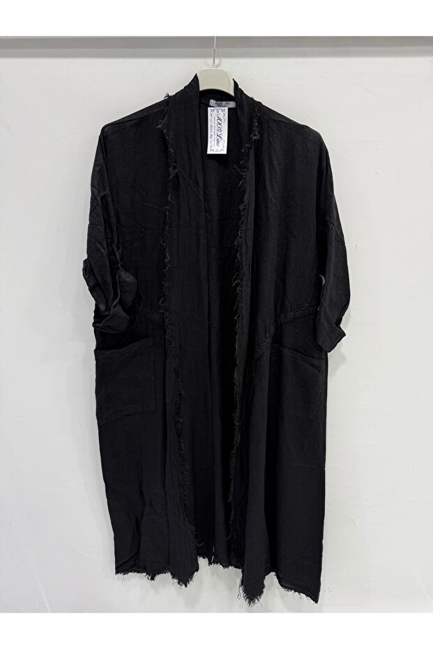 Women's Black Italian Cut Foldable Sleeves Oversize Long Linen Kaftan with Pockets 40 - 48 Size