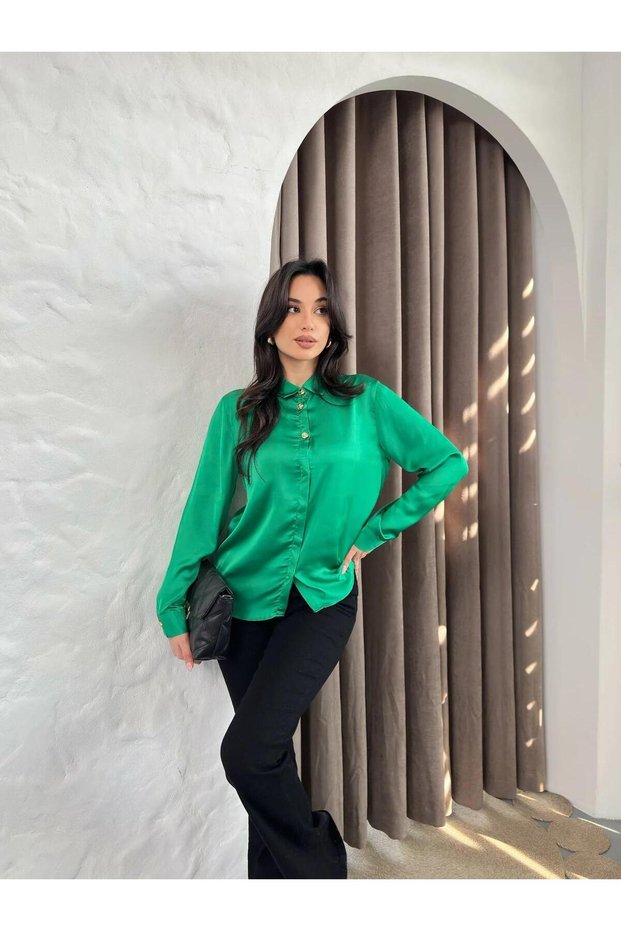 Women's Soft Satin Textured Gold Foil Button Detailed Stylish Shirt