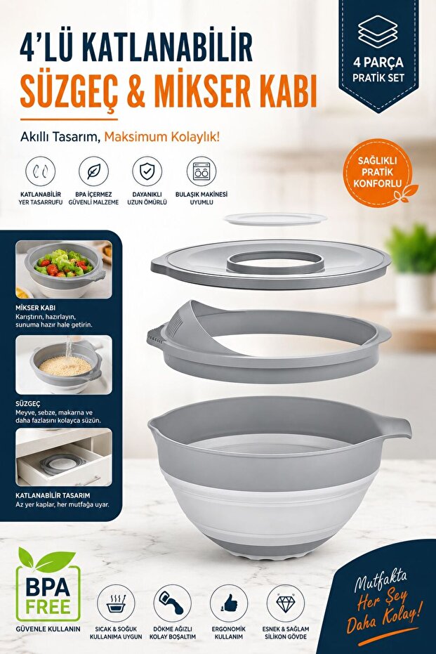 Foldable 4-Piece Strainer and Mixer Bowl Set Bpa Free Practical Kitchen Organizer