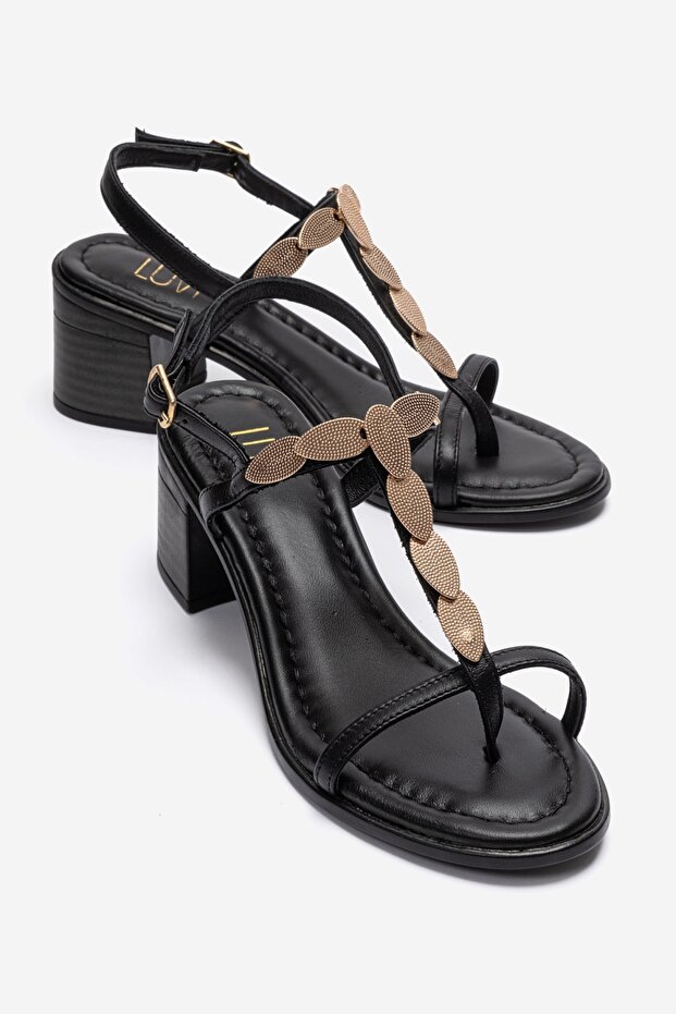 Serona Black Genuine Leather Buckle Women's Thick Heeled Sandals