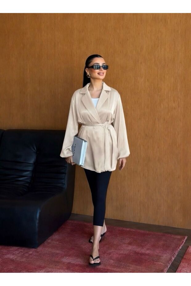 Lina Glitter Satin Fabric Balloon Sleeve Blazer Jacket Tns-4397