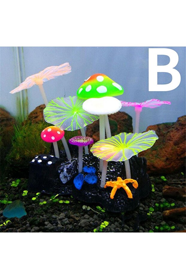 B 9pcs Artificial Plants Fish Tank Decorations Aquarium Water Grass Lotus Mushroom Ornaments Fluore.