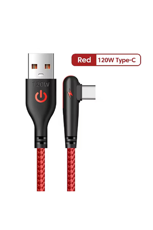 كابل شحن سريع USB إلى Type-C بطول 2 متر، أحمر اللون، بقوة 120 واط، تصميم بزاوية 90 درجة، مجدول بالنايلون، لنقل بيانات الهاتف المحمول