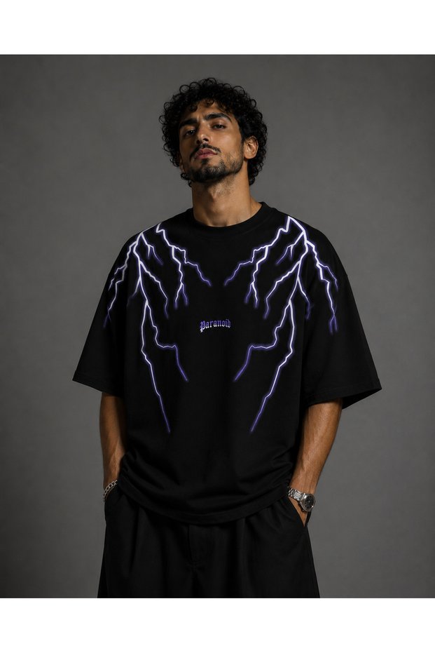 Oversize Unisex Printed T-Shirt – Lightning Pattern Streetwear Loose Fit T-Shirt