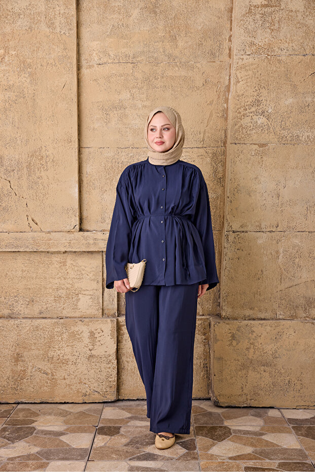 Women's High Collar Waist-Tie Suit Navy Blue
