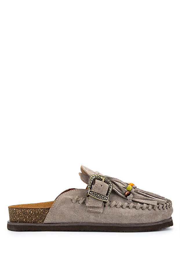 Women's Genuine Leather Beige Suede Flat Slippers