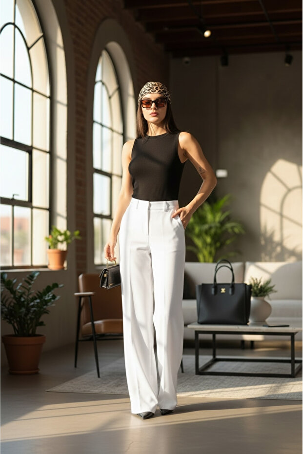 Women's High Waist Draped Wide Leg Premium Palazzo Trousers with Elastic Back